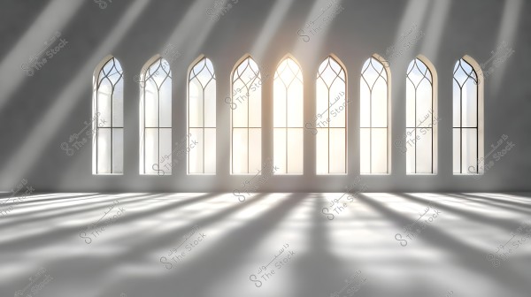 An image showing a row of arched rectangular windows in a spacious, bright room. Sunlight streams through the windows, casting long shadows on the white floor. The glass design and simple decorations create a serene and captivating atmosphere.