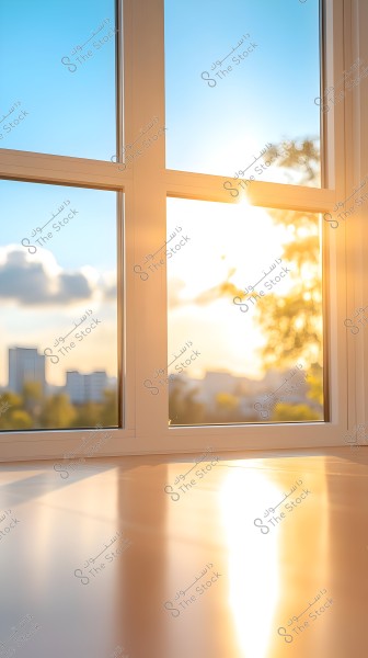 A large window overlooking an exterior view, where the sun is rising on the horizon, illuminating the sky with blue and orange hues. There are some white clouds in the sky and hints of greenery and distant buildings appear blurred.