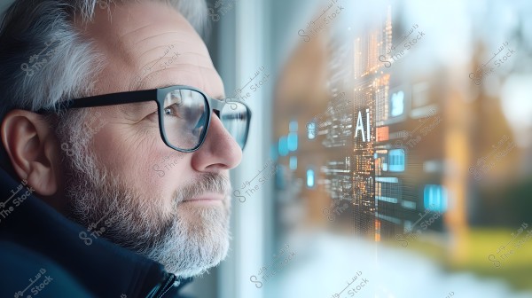 A portrait of an older man seen from the side, wearing glasses and appearing focused as he looks out a window. Outside, there is a lit-up digital interface displaying the letters \"AI,\" symbolizing artificial intelligence.