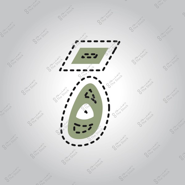 Illustration of an avocado represented in a geometric style. The lower section depicts the inner shape of half an avocado with its green color and dark skin, while the upper part features a green rectangle representing another section. Dotted lines outline each external shape against a light gray background.