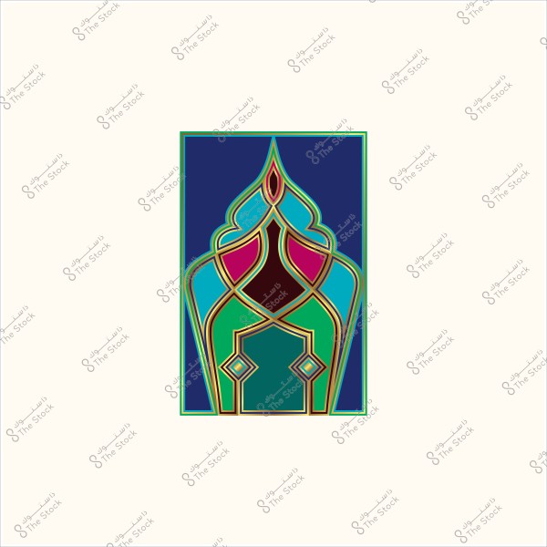 تصميم زخرفي بألوان زرقاء وخضراء وزهرية في شكل متناسق يشبه العمارة الإسلامية.