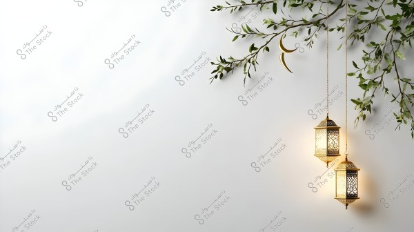 An image of a tree branch adorned with green leaves extending from the top right corner, featuring a hanging golden crescent and two illuminated lanterns with warm light. The simple white background highlights the Islamic design of the lanterns.