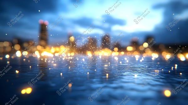 An image depicting a nighttime cityscape with a waterfront, where shimmering golden lights from the buildings reflect on the water, against a dark blue sky. Small light points scatter in the air and water, creating a magical view.