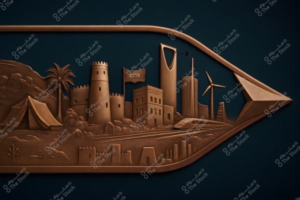 The image features a 3D design depicting a diverse scene combining traditional and modern landmarks. On the left, there is a traditional tent and a palm tree next to an ancient fort with a flag, alongside towers with modern architectural designs and advanced infrastructure. In the background, there are wind turbines suggesting renewable energy, and a high-speed train crossing the scene. The entire design is enclosed within an elegant metallic frame.