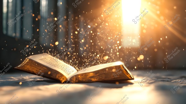 An open book placed on a flat surface. Sunlight streams in from behind the book, creating a golden, warm glow. Tiny particles float in the air, reflecting the light and adding a magical, timeless feel to the image.