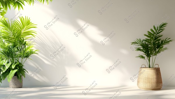 Image showing green plants in decorative pots. On the right, there is a woven basket with a modern plant, while on the left there\'s another pot made from wicker. The plants cast shadows on a white indoor wall, reflecting the natural light.