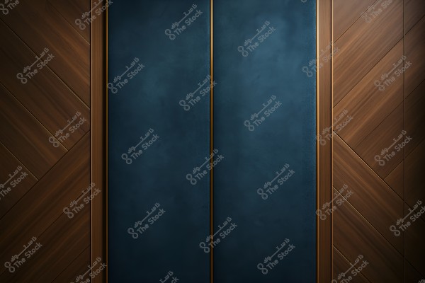 Image of a wall with an artistic design featuring two large dark blue panels in the center, bordered by wooden frames with a diagonal wood pattern. The design shows a contrast of styles between the smooth surface of the panels and the warm rustic texture of the wooden frame.