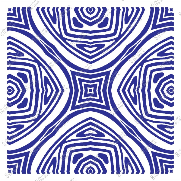 Geometric repeating pattern in blue and white with wavy lines and circular shapes.