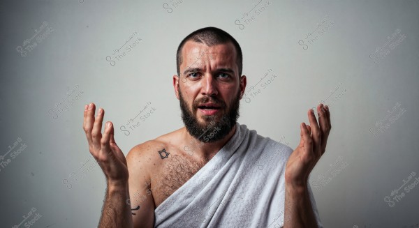 A portrait of a man with a serious expression, wearing a white garment resembling an ihram. He has a thick beard and short hair, with a tattoo visible on his chest. The background is plain gray.