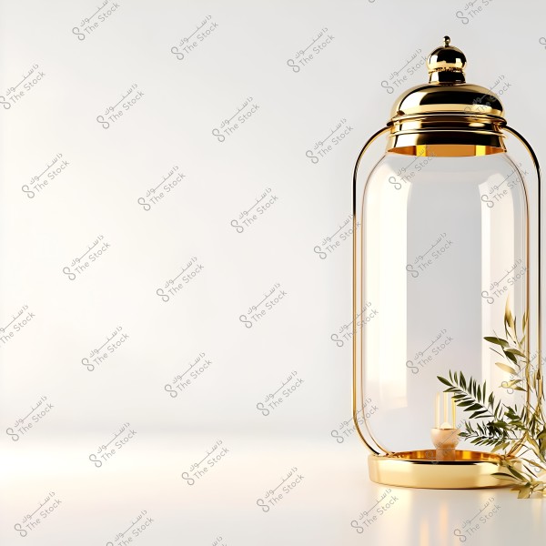The image shows a gold metallic lantern with a smooth, shiny finish, placed on a round gold base. Inside the lantern, there is a candle, and to the right, green olive branches are visible, adding a natural touch to the elegant design.