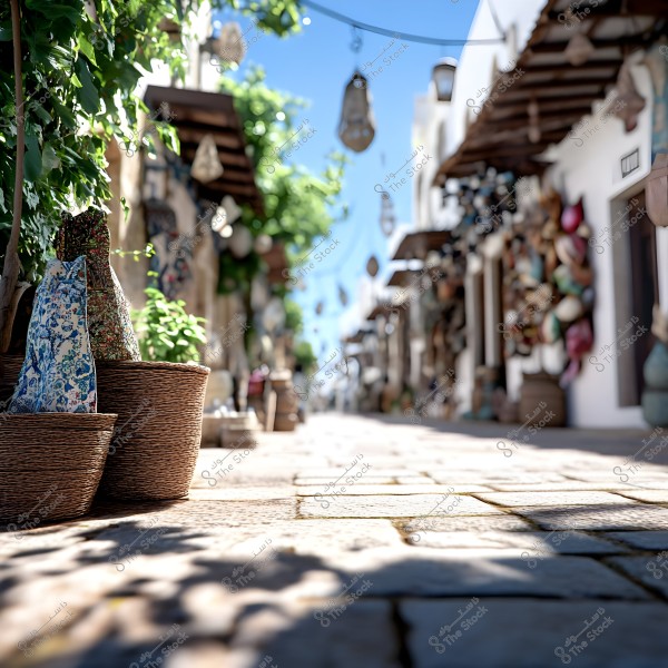 A scene of a narrow, cobblestone street lined with closely packed shops adorned with traditional hanging lanterns. In the foreground, wicker baskets hold fabric bags with various patterns. Green plants climb the walls, casting pleasant shadows on the ground. The sky is clear blue, suggesting a sunny day.