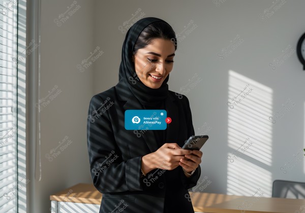 Image of a woman wearing a hijab and formal black attire, standing in a room lit by daylight, holding a smartphone and smiling. Light patterns are cast on the wall from window blinds. In the center of the image, an overlay suggests the use of the \"AlInmaPay\" payment app.
