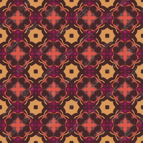 Decorative pattern with geometric shapes in yellow, brown, and pink with a symmetrical design.