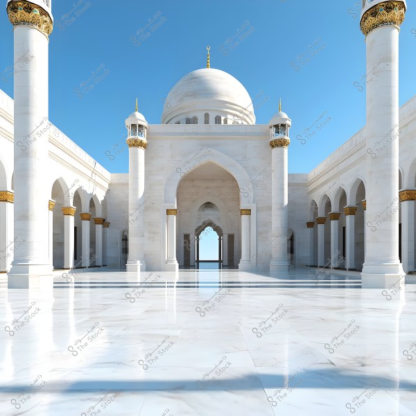 The image depicts a grand Islamic structure featuring a large dome and tall columns adorned with golden details, surrounding a vast courtyard of shiny white marble. The background shows a clear blue sky, adding a sense of calmness and serenity.