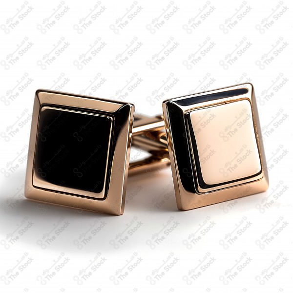 Square gold cufflinks with black and white details on a white surface. by AI