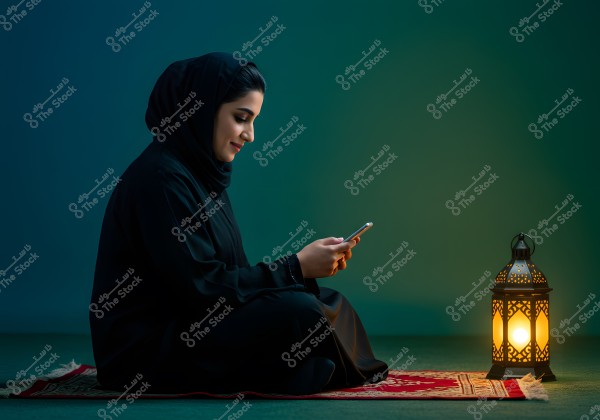Image of a woman sitting on a decorated red prayer rug, wearing a black abaya and hijab, looking at a mobile phone in her hands with a smile. Beside her is a lantern casting a warm light. The background transitions from dark to light green.