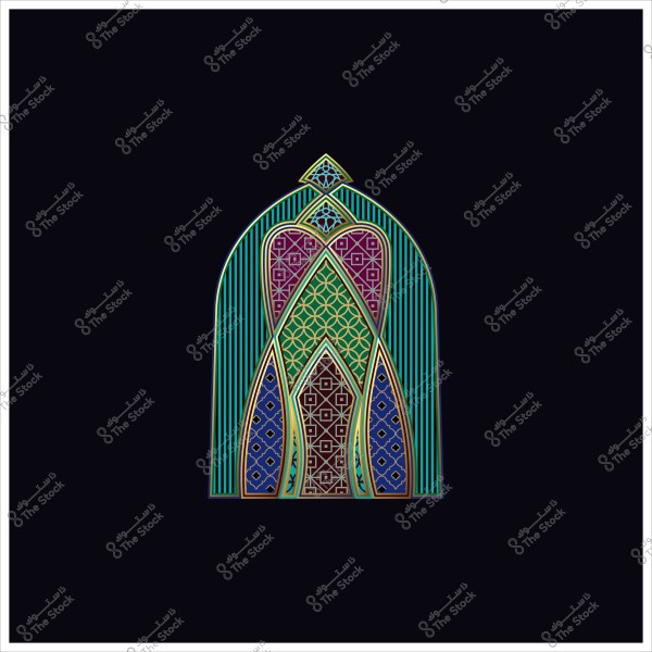 تصميم هندسي زخرفي ملون مع أنماط عربية تقليدية بخلفية سوداء.