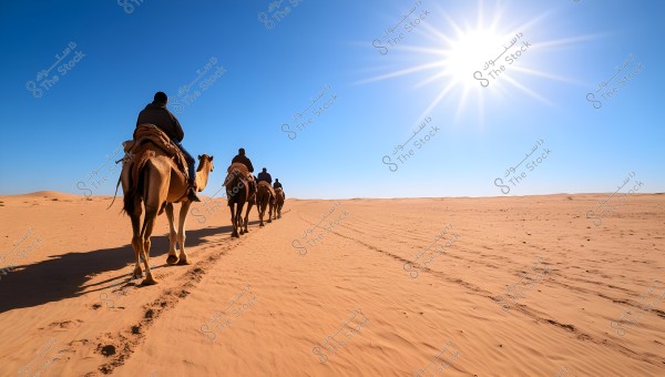A group of people riding camels in a vast desert under a clear blue sky with a bright sun. Camel footprints are visible on the soft sand, and the scene appears calm and expansive.