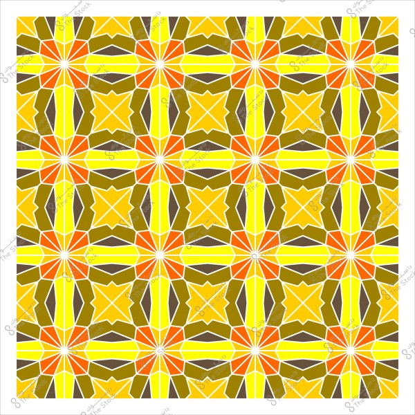 نمط هندسي يحتوي على ألوان برتقالية وصفراء وبنية معقدة, يتكون من أشكال نجمية ومضلعات متكررة, مما يشكل تصميمًا متكررًا ذو طابع شرقي أو إسلامي.

-