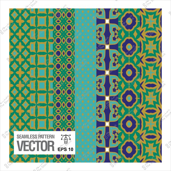 أنماط زخرفية ملونة بأشكال هندسية وتصاميم مزخرفة بتكرار مستمر بخلفية خضراء وزرقاء وبنفسجية.