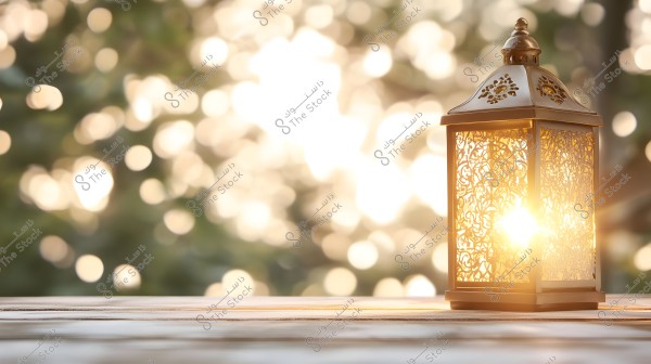 An image of a traditional ornate golden lantern glowing brightly on a wooden surface. The background is blurred with natural shades and bokeh effects, highlighting the lantern\'s radiance.