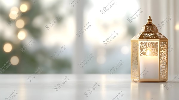 A lit golden lantern with a white candle on a white surface. The lantern features intricate decorative patterns and emits a warm glow. The background is blurred with circular bokeh lights, adding to the serene and intimate atmosphere.