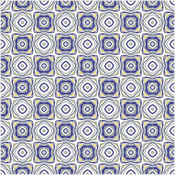 نمط متكرر هندسي بنقش أزهار وزخارف باللونين الأزرق والأصفر على خلفية بيضاء.