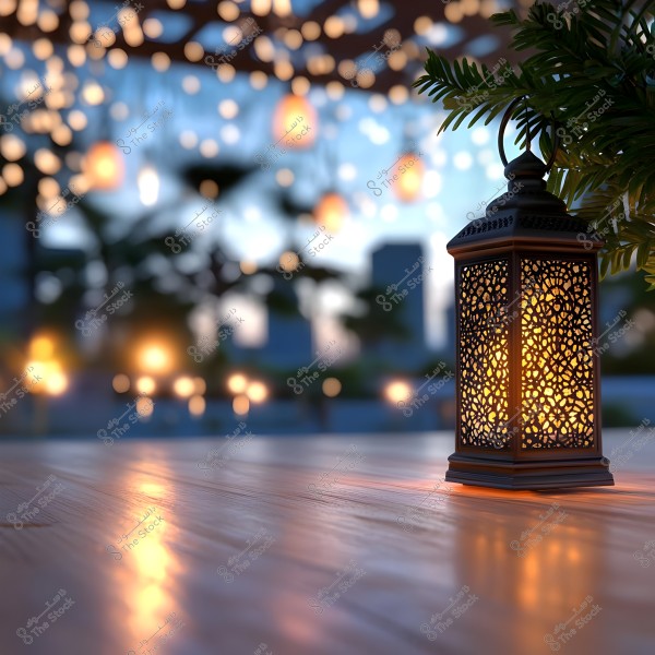 A decorative lantern lit with a warm glow sits on a wooden surface in an outdoor setting. Lights hang in the background with a bokeh effect, creating an atmosphere of mystery and romance. Trees and city buildings are visible in the distant background at sunset.