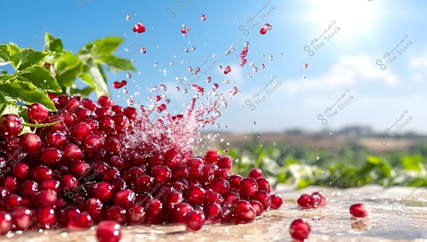 Image of clusters of shiny red pomegranate seeds with water droplets splashing around them. The background features a clear blue sky with light clouds, and the sunlight adds a warm glow to the scene. The setting reflects an agricultural landscape in sunny weather.
