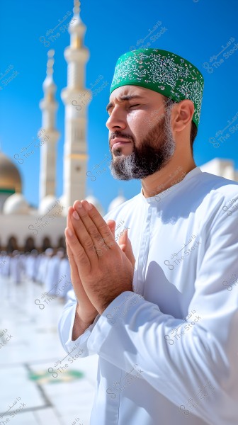 A portrait of a man wearing a white traditional robe and a decorated green head cover, standing in front of a mosque with white domes and minarets. The man appears to be praying with closed eyes, under a clear blue sky.