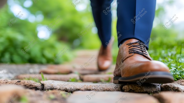 The image shows a shiny brown shoe of a person walking on a stone path in a green park. The person is wearing dark blue trousers, and the focus on the shoe and path highlights the attention to detail within the natural surroundings.