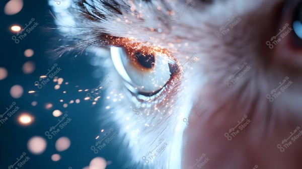 A close-up image of a human eye with detailed focus on the eyelashes and eyebrow, featuring light reflections resembling sparks or glowing spots on the cornea. The background is blurred with a bokeh-like light effect, adding artistic beauty to the image.