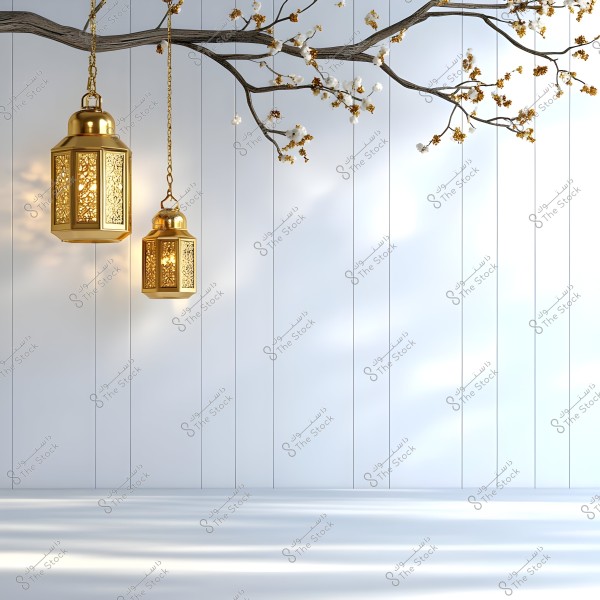 Two hanging golden lanterns with intricate details on a tree branch adorned with small white and orange flowers. Both lanterns are lit, and the background is a white wall with vertical paneling.