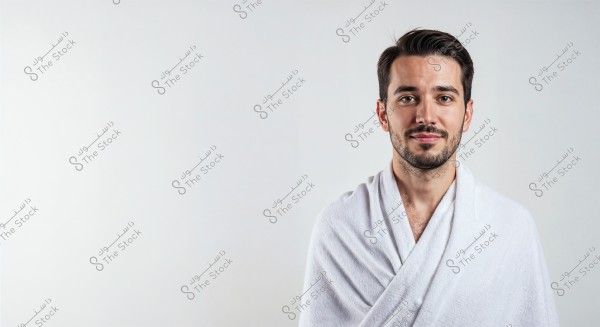 A portrait of a man standing against a white background, wearing a white bathrobe. The man is looking directly at the camera with a slight smile, having a light beard and wavy dark hair. The image is simple, focusing on the man\'s face and attire.