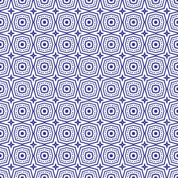 نمط هندسي مكرر باللون الأزرق والأبيض يتكون من أشكال سداسية داخل بعضها البعض, مع نقاط صغيرة تحيط بكل شكل سداسي ونجم صغير بين كل منها. التصميم متماثل ويمتد على كامل الصورة.