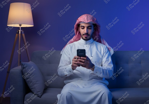 A portrait of a man sitting on a sofa wearing traditional Saudi attire, including a white thobe and a red and white checkered ghutra with an agal. He is holding and looking at a smartphone. In the background, there is a lit floor lamp adding a warm touch to the serene blue-toned setting.