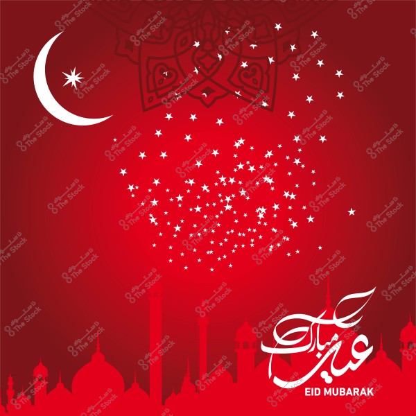تصميم بطاقة عيد مبارك باللون الأحمر مع هلال وزخارف إسلامية ونجوم متناثرة فوق مساجد.