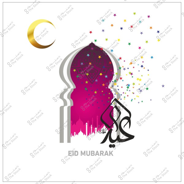 صورة تحتوي على قباب مسجد وزينة عيد ملونة ونص \"عيد مبارك\" باللغة العربية والإنجليزية, مع هلال ذهبي في الزاوية.