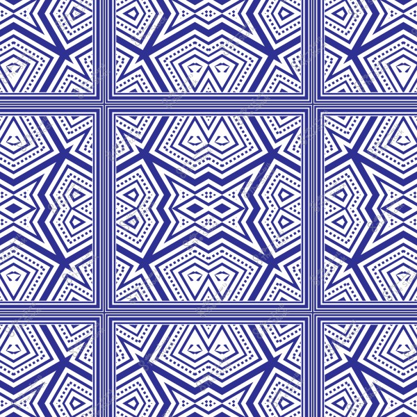 نمط هندسي أزرق وأبيض يتكون من أشكال سداسية متعددة الزوايا تتداخل مع خطوط متقاطعة. التصميم يحتوي على تقاطعات مركزية باللون الأزرق الداكن مع خلفية بيضاء, مما يخلق تأثيراً متناظراً ومعقداً.