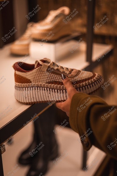 A hand holding a modern-designed sneaker in brown and beige colors on a shelf in a store.