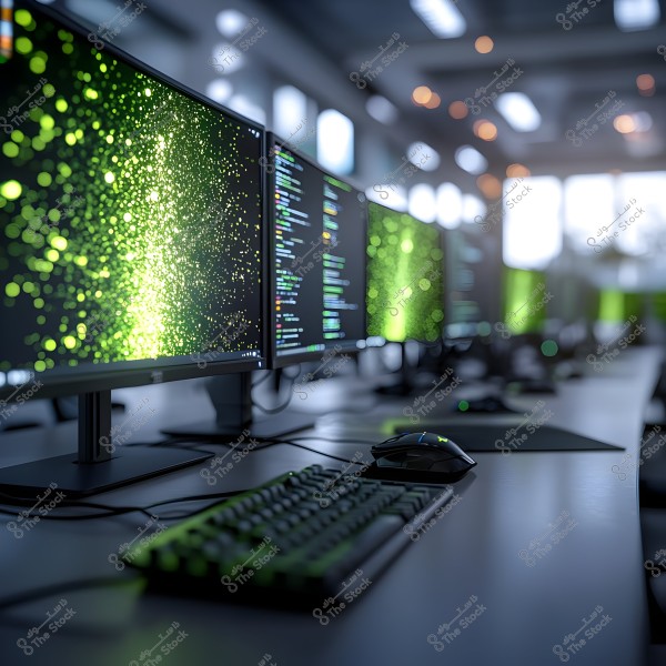 An image showing a row of computer monitors in a room lit by ceiling lights, displaying colorful coding graphics and glowing green backgrounds. A keyboard and mouse are on the table in the foreground, giving the impression of a tech workspace or computer lab.
