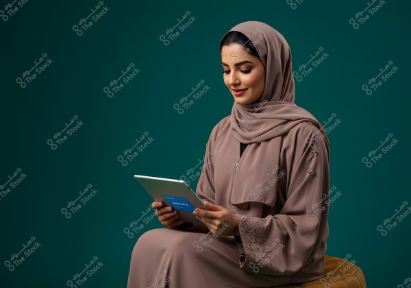 An image of a woman sitting on a chair, wearing a light brown abaya and hijab adorned with subtle embroidery, holding a tablet. The background is a dark green color. Her expression is calm and smiling.