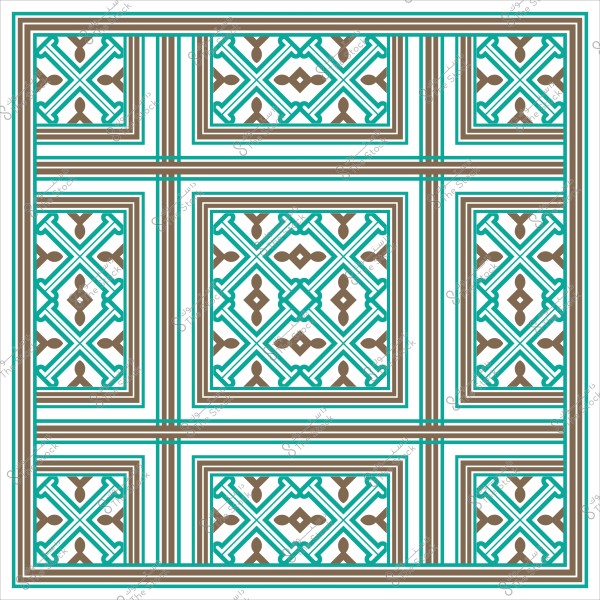 تصميم بزخارف هندسية متداخلة باللونين البني والأخضر على خلفية بيضاء.