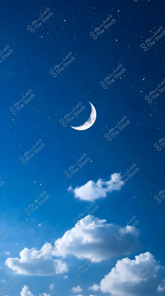 A clear night sky featuring a crescent moon surrounded by twinkling stars. A few white clouds are scattered at the bottom of the image against the dark blue background.
