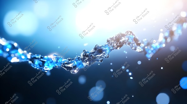 An image showing a stream of glistening water illuminated by bright blue and white lighting. Water droplets appear suspended in the air, with the color harmony between light blue and black enhancing the scene\'s allure.