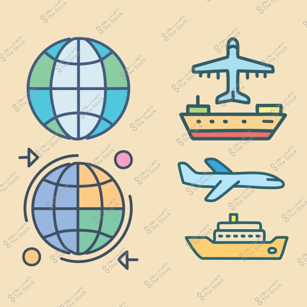 An illustration of travel-related icons. The left side features two globes in blue, green, and orange, with arrows rotating around them. The right side displays drawings of an airplane, a large ship, another airplane, and a smaller ship, in various colors like blue and yellow.