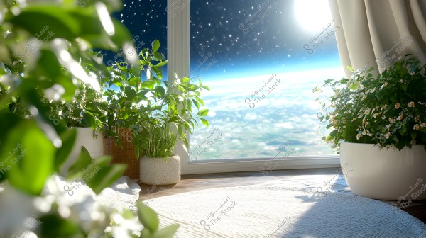 A large window overlooking an outer space scene featuring the Earth surrounded by clouds and stars, with bright sunlight shining. Green plants in various indoor pots are placed around the window, with a wooden floor and a circular white rug in the foreground.
