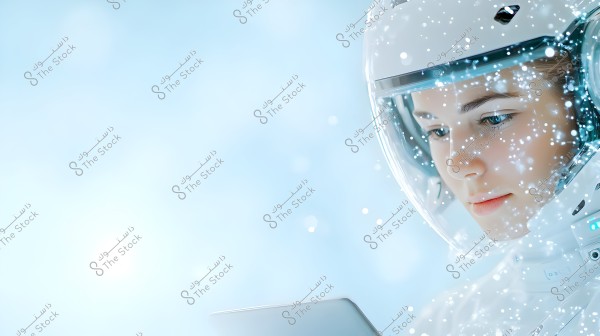 An image of a person wearing a space suit, focusing on their face inside the helmet. The blue and glowing lights create a futuristic and fantasy-like ambiance. The scene appears inspired by the world of space and advanced technology.
