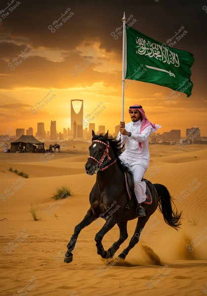 A rider wearing traditional Saudi attire, including a thobe and red-checkered headscarf, rides a black horse in the desert, holding the flag of Saudi Arabia. The background shows the skyline of Riyadh with the iconic Kingdom Tower, enhanced by a beautiful sunset. A Bedouin tent and a few people are visible in the background.