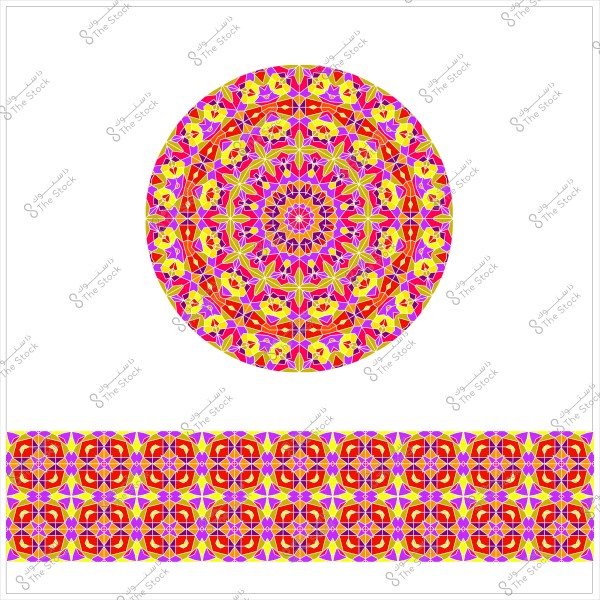 Colorful mandala pattern in vibrant red, yellow, pink, and green with a decorative border at the bottom.